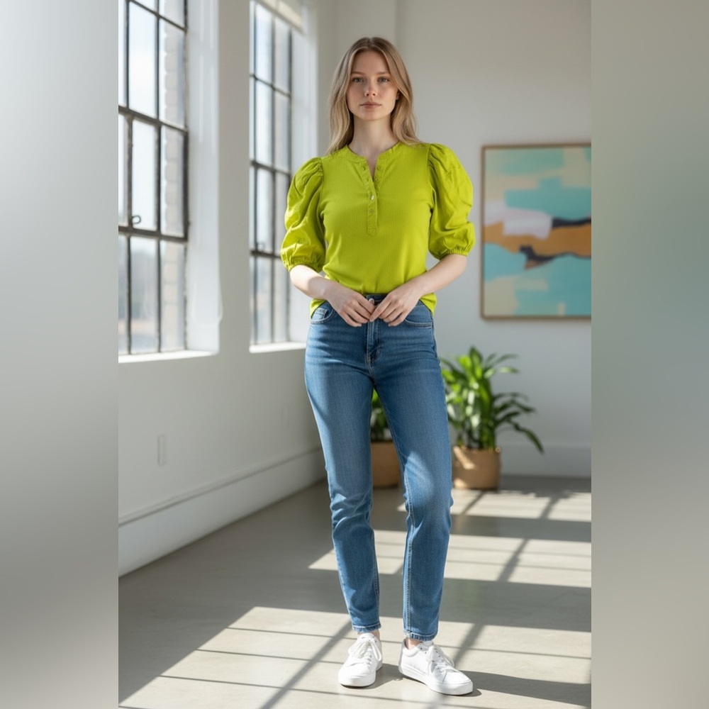 DKNY Women's Fluo Yellow Puff-Sleeve Mixed Media
Henley Top